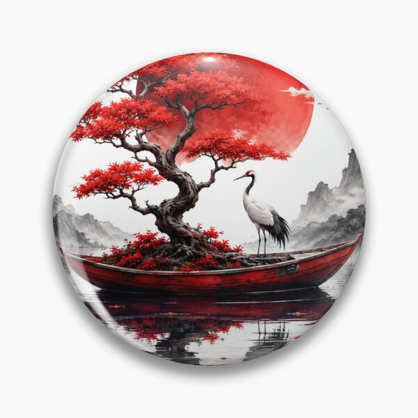 Item preview, Red Bonsai Crane Boat Zen Landscape designed and sold by LunaPixelStudio.