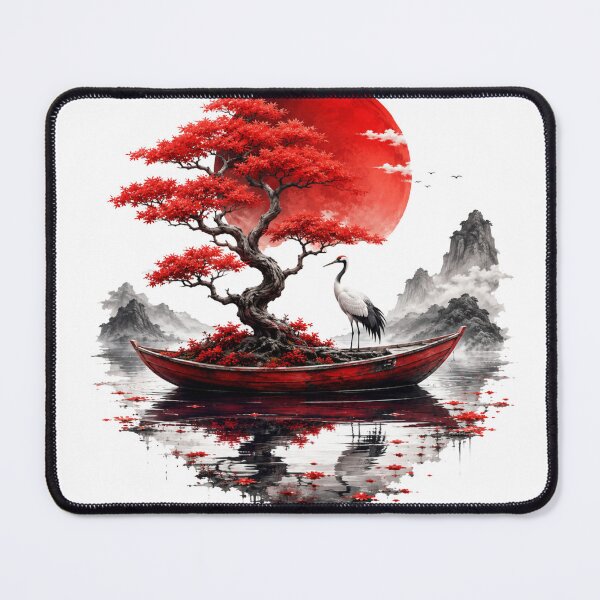 Item preview, Red Bonsai Crane Boat Zen Landscape designed and sold by LunaPixelStudio.