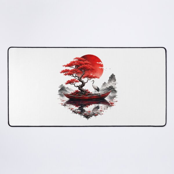 Item preview, Red Bonsai Crane Boat Zen Landscape designed and sold by LunaPixelStudio.