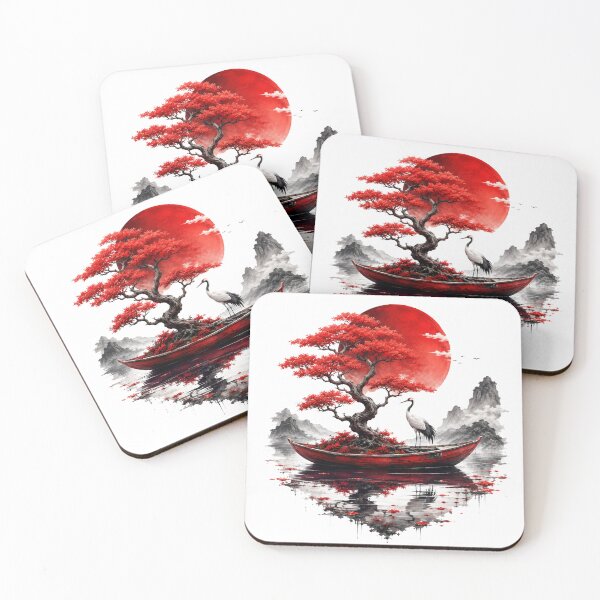 Item preview, Red Bonsai Crane Boat Zen Landscape designed and sold by LunaPixelStudio.