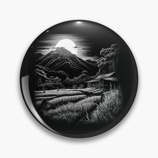 Item preview, Black and White Moonlit Mountain Rice Field Art designed and sold by inkoutninja.