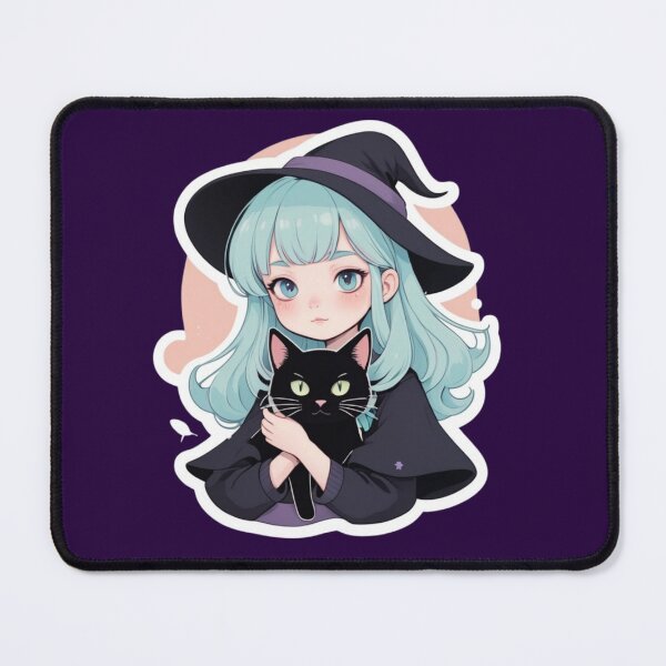 Item preview, Cute Anime Witch Girl Mint Hair with Black Cat Cloud Art designed and sold by Soluna Studio.