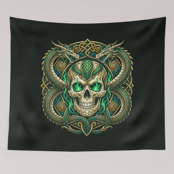 Item preview, Celtic Dragon Skull Artwork - Mythical Green Fire Graphic Tee & Decor designed and sold by MT-Hub | Cute Aesthetic Art, Stickers & Phone Cases.
