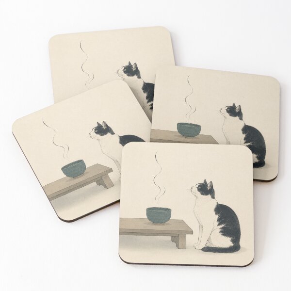 Aperçu de l'œuvre Chat et bol de thé – Chats Edo minimalistes de style estampe japonaise sur bois n° 9 créée et vendue par Planthem.
