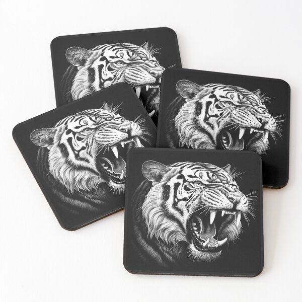 Item preview, Black and White Roaring Tiger Side Portrait Art designed and sold by inkoutninja.