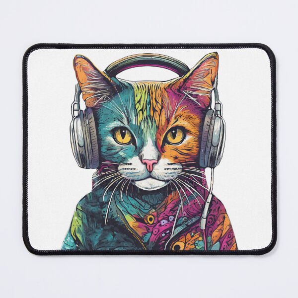 Item preview, A colorful cat listening to music on headphones designed and sold by PawelZmich.