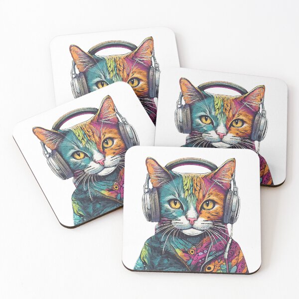 Item preview, A colorful cat listening to music on headphones designed and sold by PawelZmich.