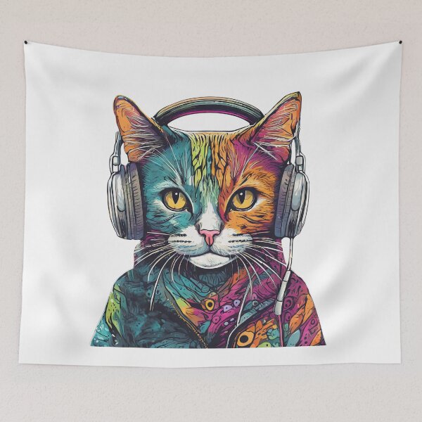 Item preview, A colorful cat listening to music on headphones designed and sold by PawelZmich.
