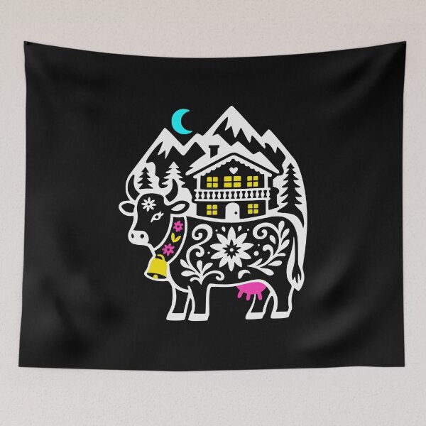 Item preview, Alpine Cow Mountain Chalet Folk Art designed and sold by AntiqueImages.