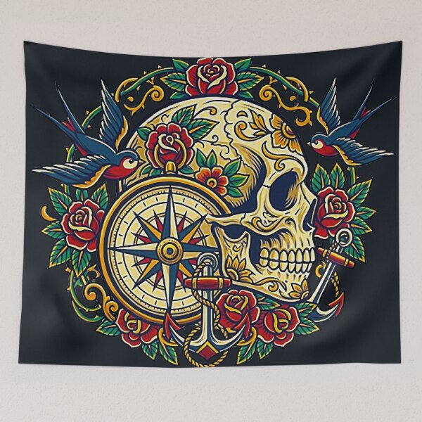 Item preview, Old School Traditional Sailor Skull - Nautical Compass & Swallow Graphic designed and sold by MT-Hub | Cute Aesthetic Art, Stickers & Phone Cases.