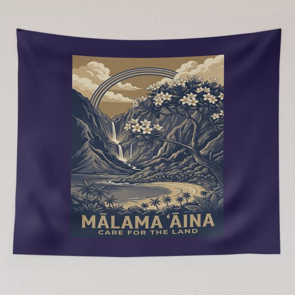 Item preview, Malama Aina Care for the Land — Hawaii Valley Waterfall Navy Blue Conservation Art Print designed and sold by MālamaThreads.