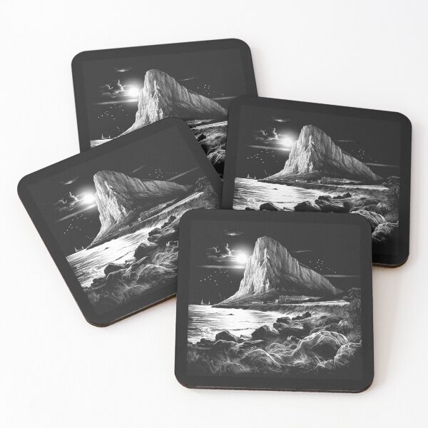 Item preview, Black and White Moonlit Rock of Gibraltar Landscape designed and sold by inkoutninja.