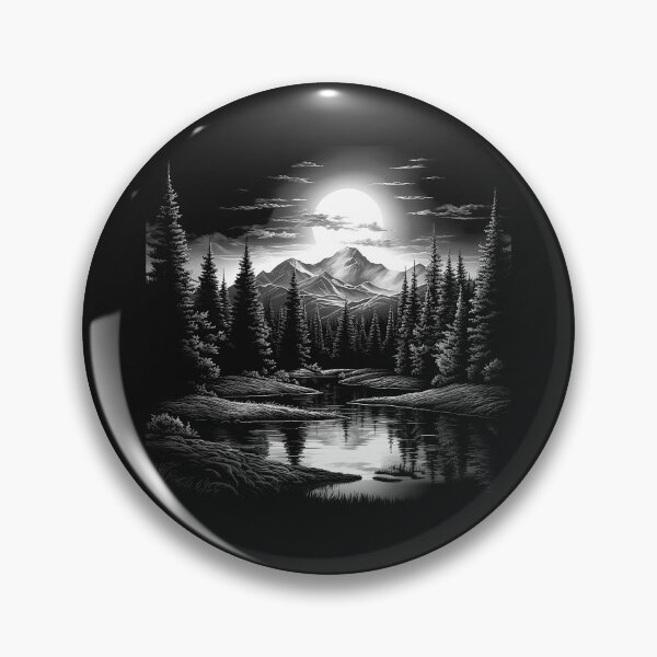 Item preview, Black and White Moonlit Mountain Lake Landscape designed and sold by inkoutninja.