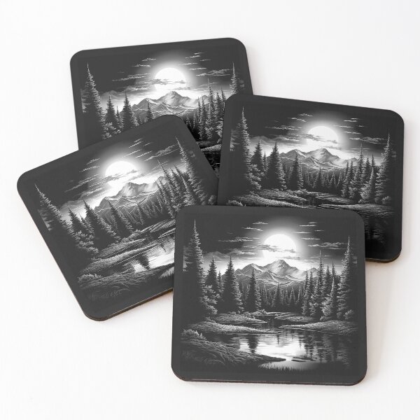 Item preview, Black and White Moonlit Mountain Lake Landscape designed and sold by inkoutninja.