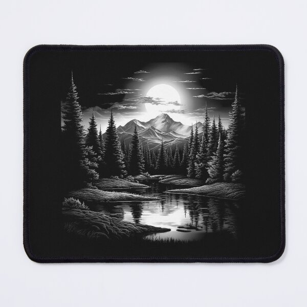 Item preview, Black and White Moonlit Mountain Lake Landscape designed and sold by inkoutninja.