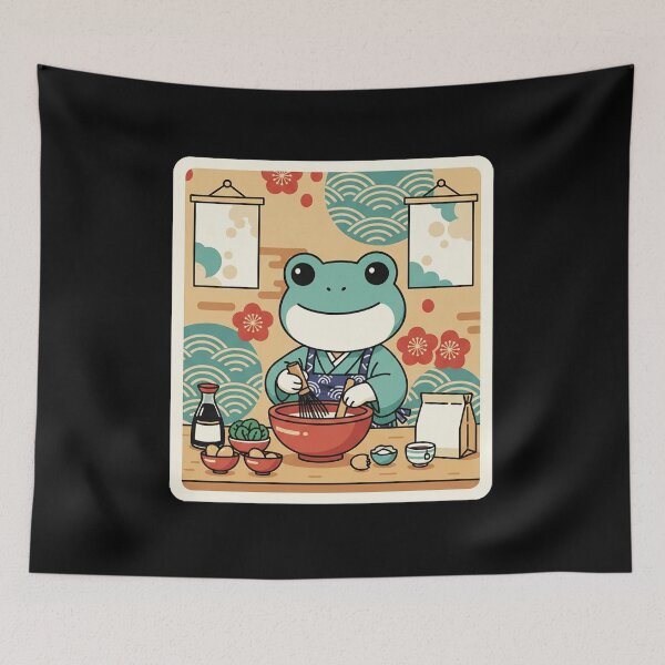 Item preview, Happy Frog Chef Mixing Noodles in a Cozy Kitchen designed and sold by JordynLadukeg65.