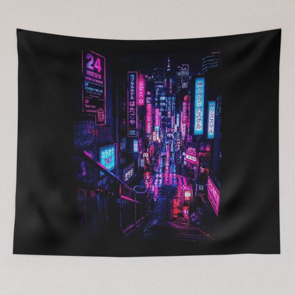 Item preview, Rainy Neon Downtown Street with Futuristic Night City Glow designed and sold by ferminhays.