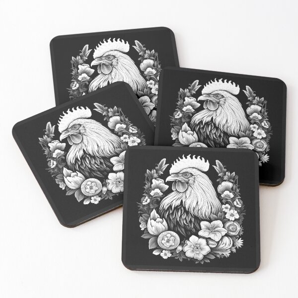 Item preview, Black and White Floral Rooster Portrait Art designed and sold by inkoutninja.