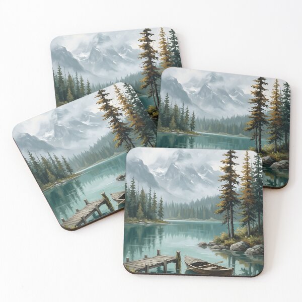 Item preview, Mountain Lake Rowboat Dock Pine Forest Misty Peaks designed and sold by madmaxine110.
