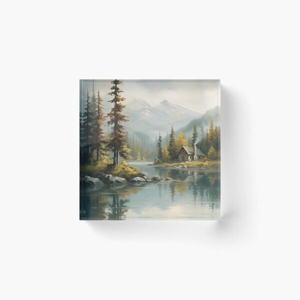 Item preview, Autumn Mountain Cabin Lakeside Pine Forest Smoke Chimney designed and sold by madmaxine110.