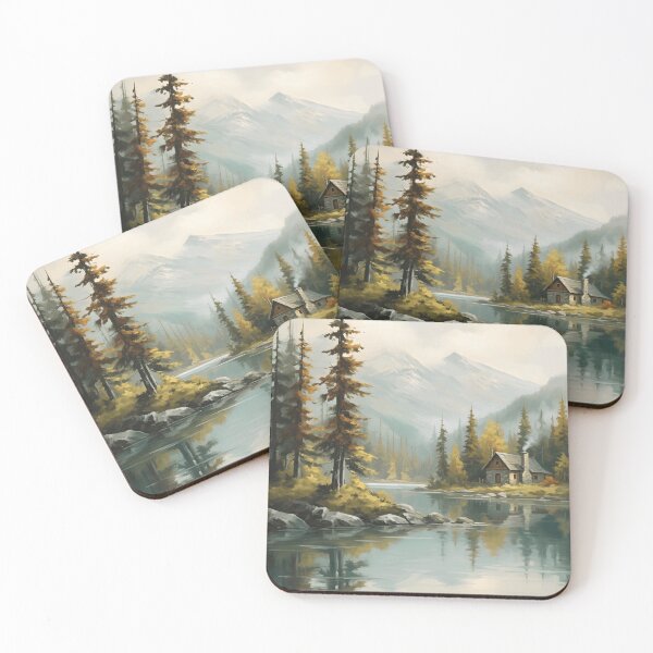 Item preview, Autumn Mountain Cabin Lakeside Pine Forest Smoke Chimney designed and sold by madmaxine110.