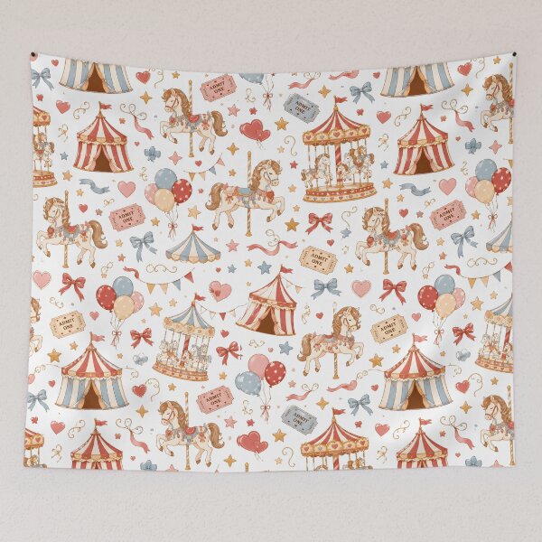 Item preview, Vintage Carnival Carousel Horse Pattern with Circus Tents and Balloons designed and sold by SRY SHOP.