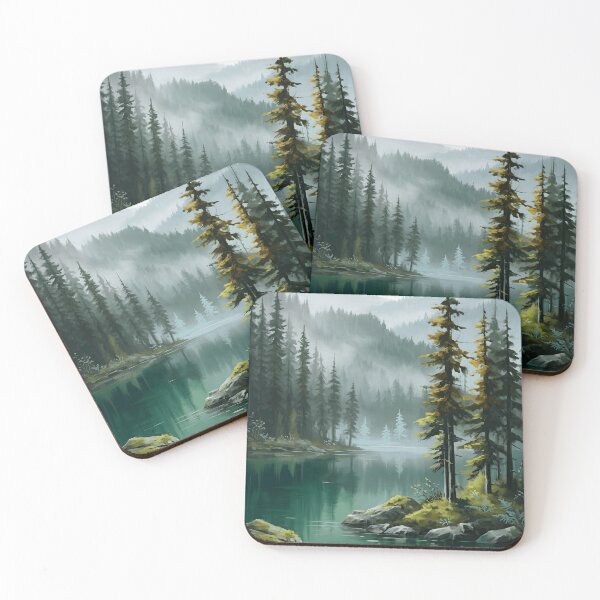 Item preview, Misty Forest Teal Lake Mossy Rocks Larch Pine Fog Morning designed and sold by madmaxine110.