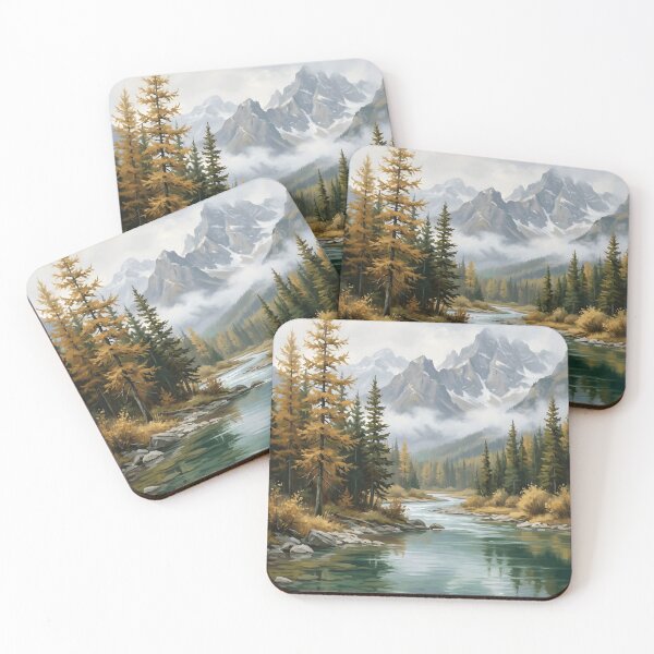 Item preview, Autumn Larch River Mountain Canyon Misty Forest Teal Stream designed and sold by madmaxine110.