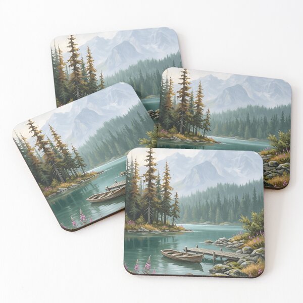 Item preview, Mountain Lake Rowboat Dock Fireweed Wildflower Pine Forest designed and sold by madmaxine110.