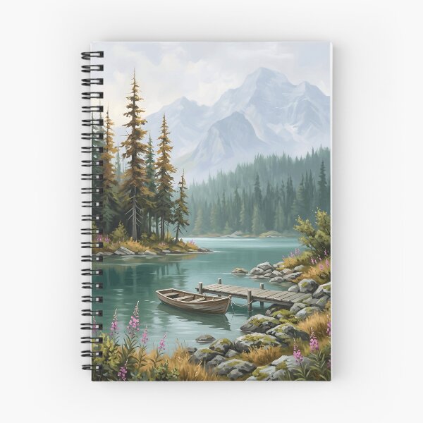 Item preview, Mountain Lake Rowboat Dock Fireweed Wildflower Pine Forest designed and sold by madmaxine110.