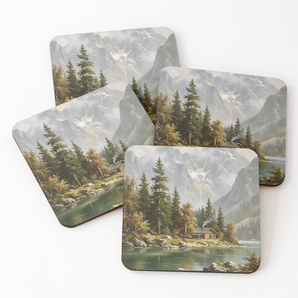 Item preview, Mountain Valley Log Cabin Smoke Lake Autumn Forest Misty Peaks designed and sold by madmaxine110.