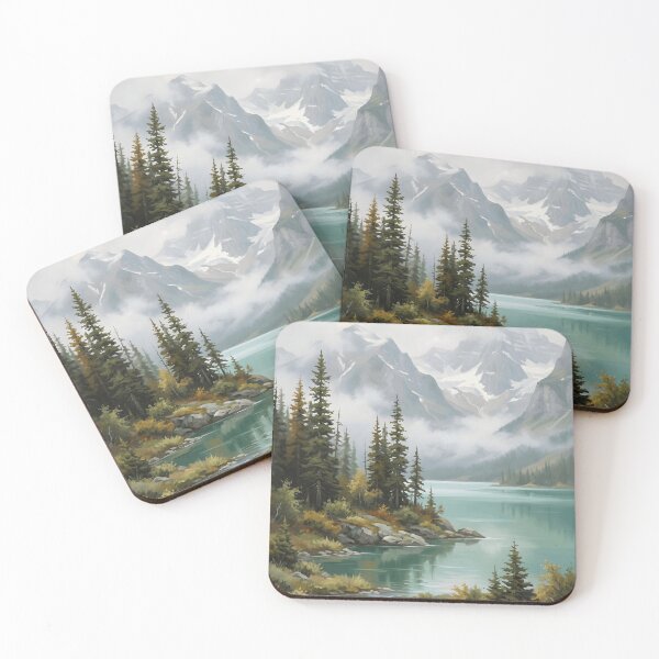 Item preview, Autumn Mountain Lake Teal Shore Pine Misty Peaks Stream designed and sold by madmaxine110.