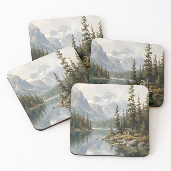 Item preview, Mountain Lake Log Cabin Pine Forest Misty Peaks Reflection designed and sold by madmaxine110.