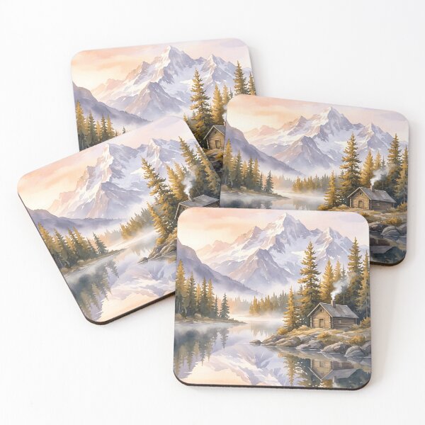 Item preview, Watercolor Mountain Cabin Lake Larch Pine Sunrise Pastel Reflection designed and sold by madmaxine110.