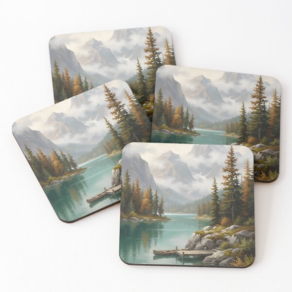 Item preview, Teal Lake Canoe Dock Autumn Pine Mountain Misty Valley designed and sold by madmaxine110.