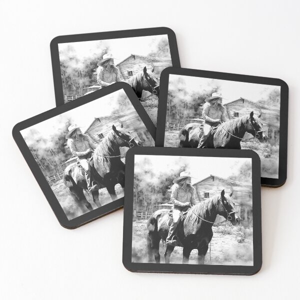 Item preview, Black and White Cowgirl on Horse Western Art designed and sold by inkoutninja.