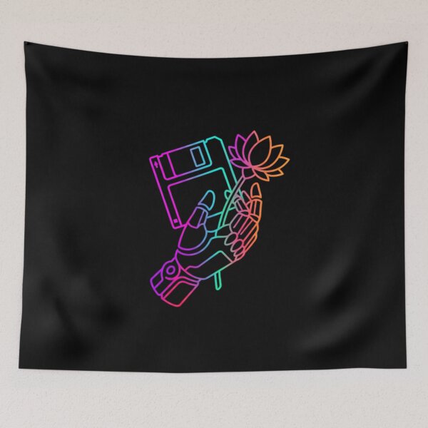 Item preview, Neon Cybernetic Hand with Floppy Disk & Lotus - Retro Futurism designed and sold by V-ZRO.
