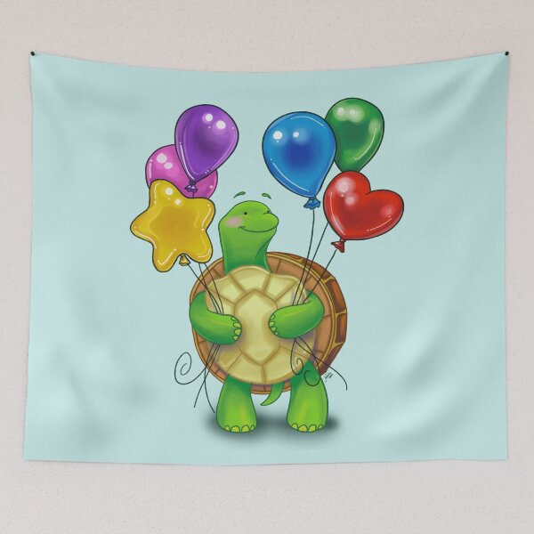 Artikelvorschau, Eine Schildkröte, die bunte Luftballons hält entworfen und verkauft von Konopikyu.