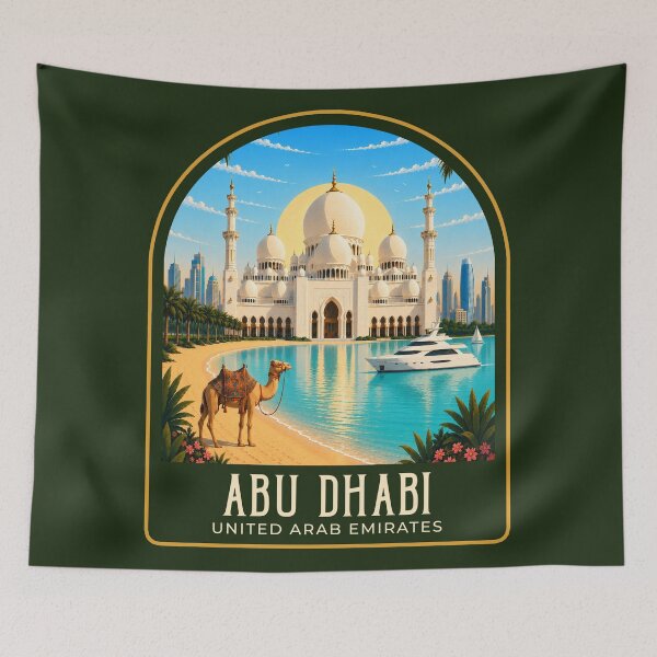 Item preview, Abu Dhabi Vintage Travel Illustration designed and sold by HomeLivingCo.