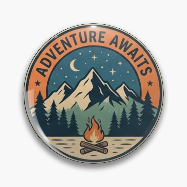 Item preview, Adventure Awaits Vintage Mountain Campfire Retro Travel Badge designed and sold by Rehnair.