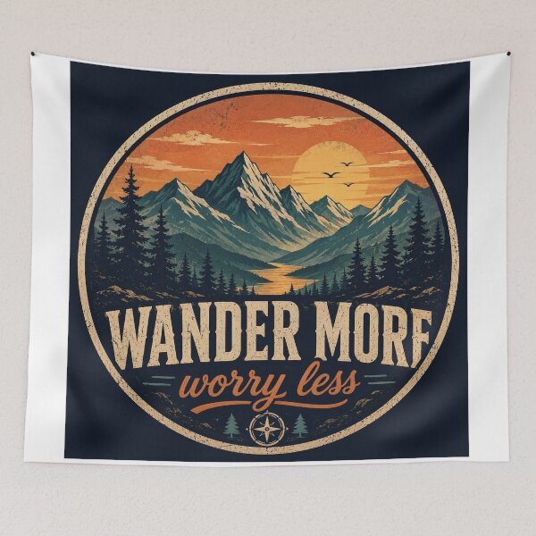 Item preview, Wander More Worry Less Retro Mountain Design designed and sold by InkWanderStudio.
