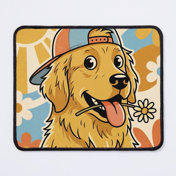 Item preview, Happy Golden Retriever Sticker — 70s Summer Retro Dog with Flower, Sunshine Flat Design designed and sold by ElhamiStudio.