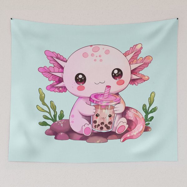 Item preview, Cute axolotl with bubble tea – kawaii pastel boba animal illustration designed and sold by StudioPeachPop.