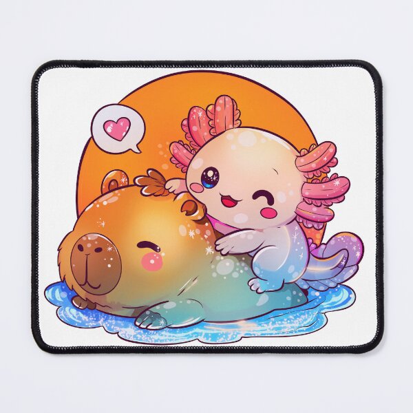 Item preview, Kawaii axolotl and capybara best friends – cozy pastel animal illustration designed and sold by StudioPeachPop.