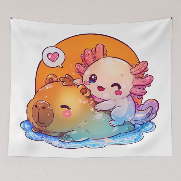 Item preview, Kawaii axolotl and capybara best friends – cozy pastel animal illustration designed and sold by StudioPeachPop.