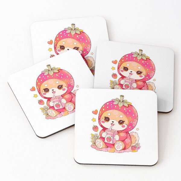 Item preview, Cute strawberry fox kawaii drinking a box of strawberry juice | Pink berry costume chibi animal art designed and sold by StudioPeachPop.