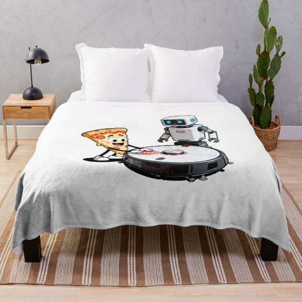 Item preview, Shocked Robot Vacuum Pressing Stop Button – Cute Pizza Slice Cartoon Scene designed and sold by OksArtStudio.