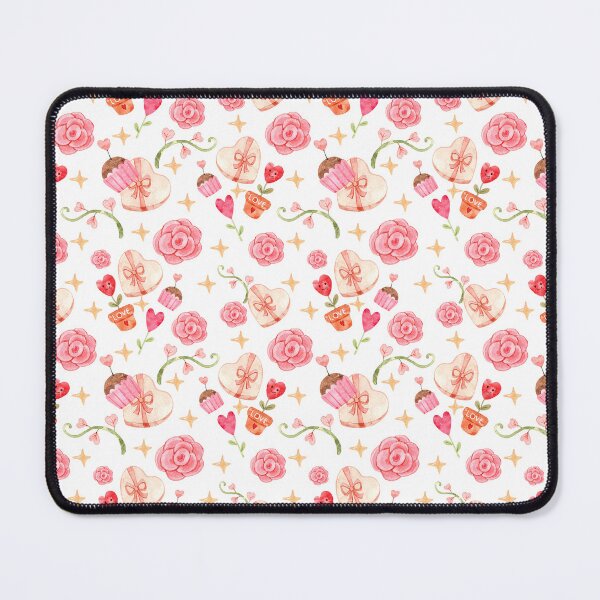 Item preview, Romantic watercolor Valentine pattern featuring heart-shaped gift boxes, pink flowers, cupcakes, tiny hearts, stars, and whimsical floral vines designed and sold by SashaZinch.