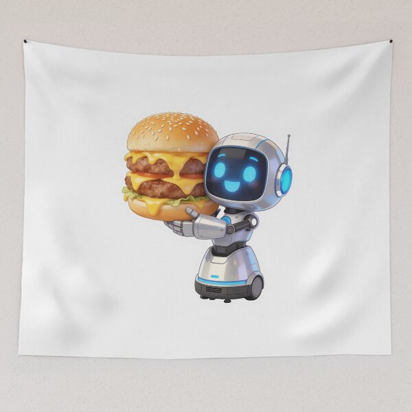 Item preview, Juicy Double Patty Burger – Funny Cartoon Food with Cute Robot designed and sold by OksArtStudio.