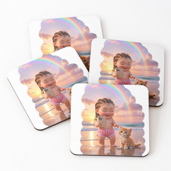Item preview, Cute Baby and Kitten Beach Day Sticker ! Rainbow Sunset Beach Baby & Ginger Cat Art ! Sunshine, Rainbows, & Kittens designed and sold by Ulikedigital14.